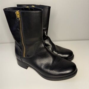 Moncler Black Leather Boots with Gold Zipper sz. 35